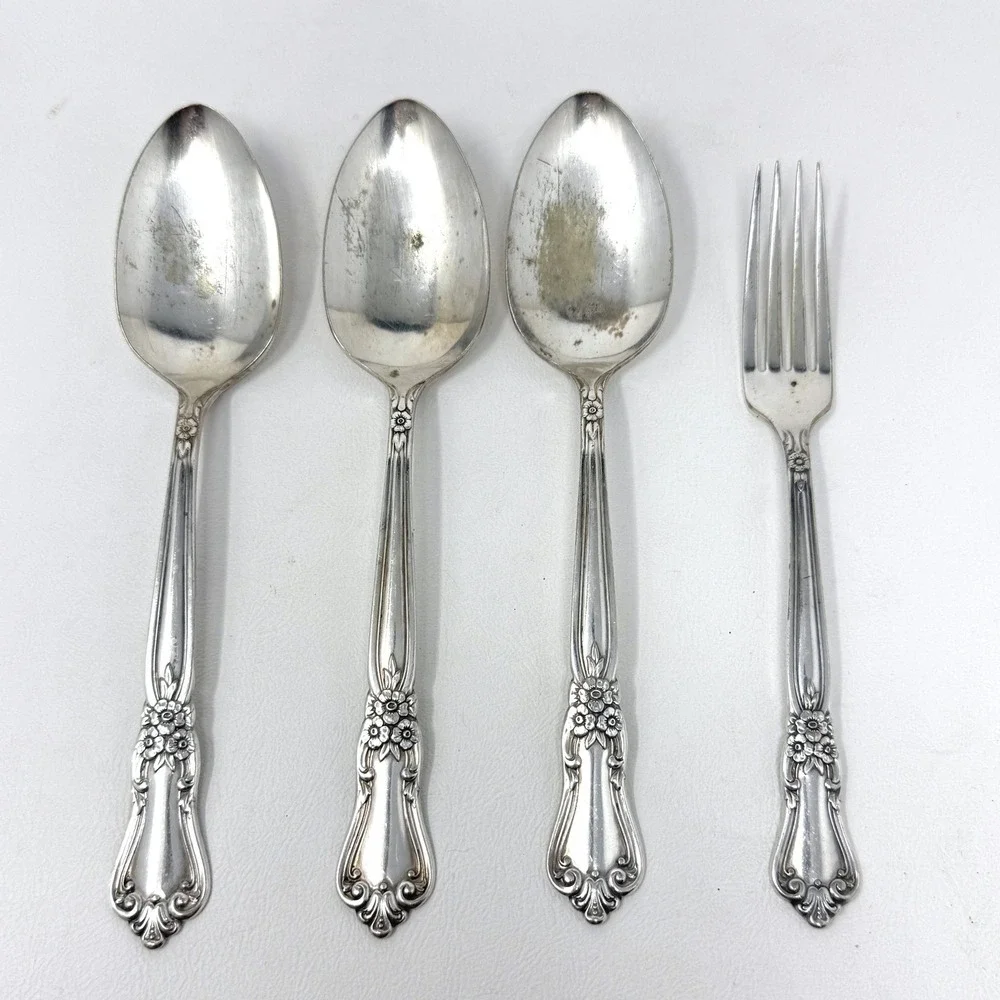 Oneida Valley Rose Serving 4 Pcs 3 Spoons Dinner Fork Silverplate Flatware READ
